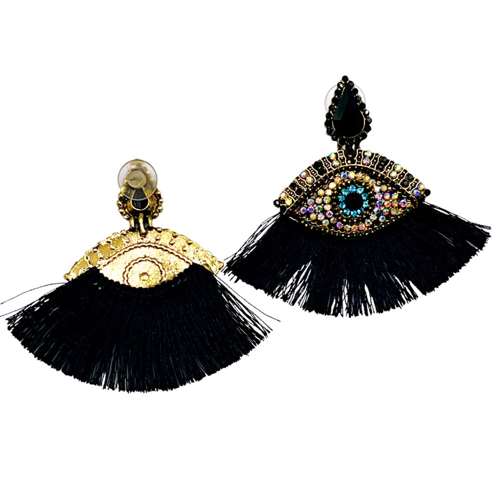 BOHO EVIL EYE CRYSTAL DROP EARRINGS WITH EYELASH TASSEL FRINGE FOR PIERCED EARS - Picture 5 of 6